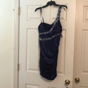 a fancy navy blue sequined dress